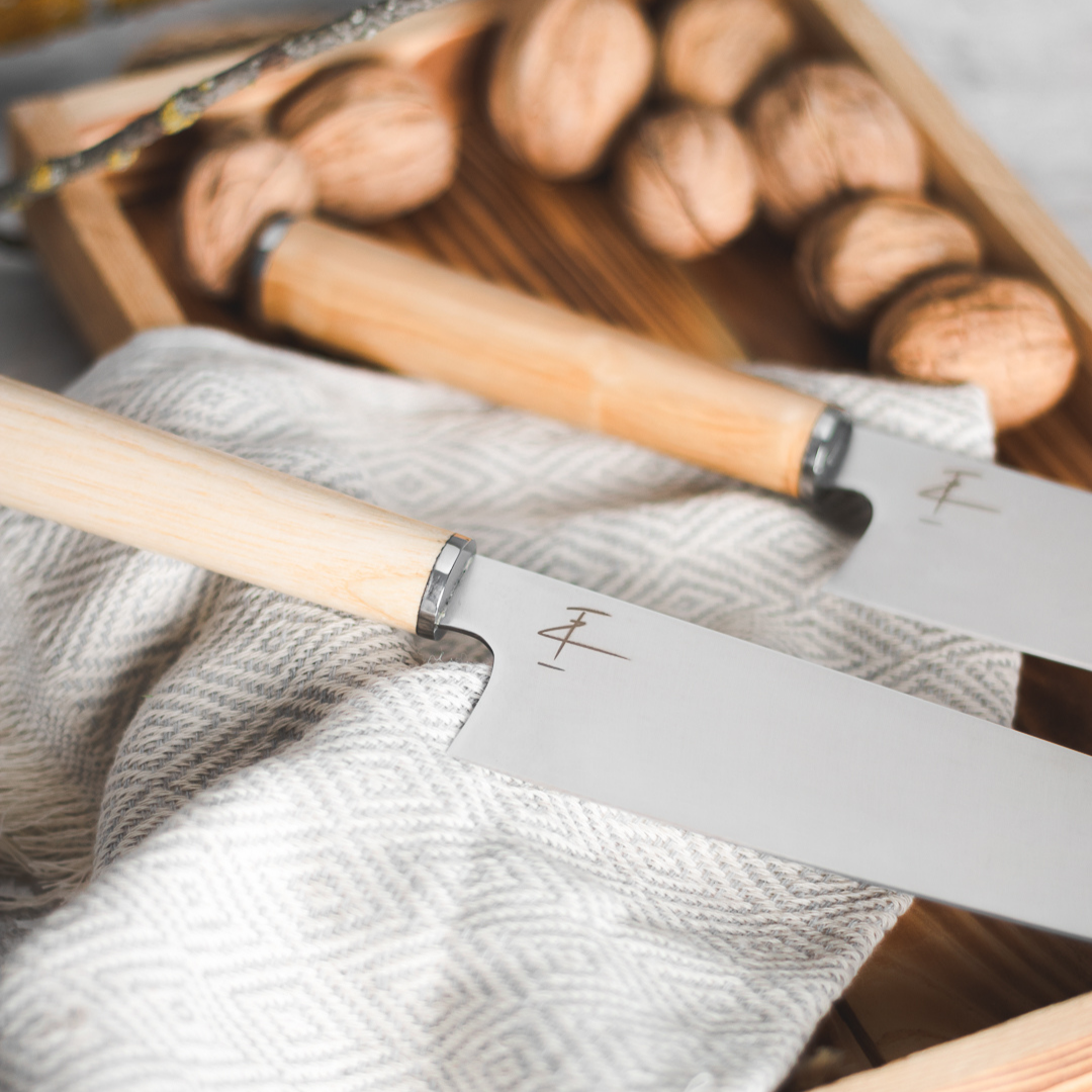 2'li Set - Gyutou Ve Eğri Santoku - Japon Tasarım Şef Bıçakları - Ahşap Sap Paslanmaz Çelik