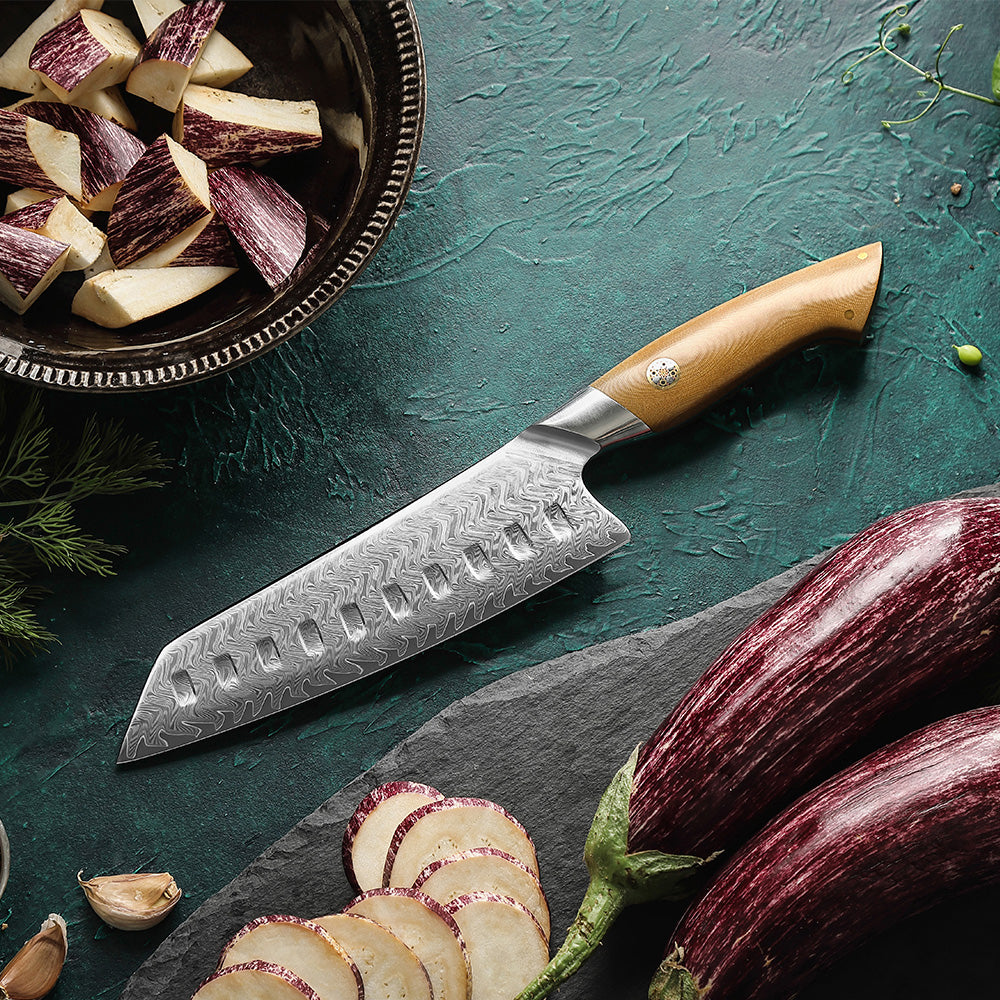 Crest Serisi I Santoku Şef Bıçağı I 67 Katman Paslanmaz Damascus Çelik I Micarta & Mosaic Edition