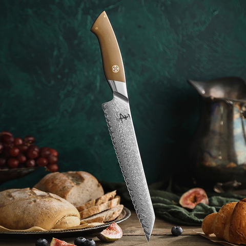 Crest Serisi I Tırtıklı Ekmek Bıçağı I 67 Katman Paslanmaz Damascus Çelik I Micarta & Mosaic Edition