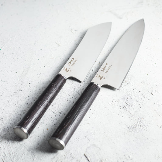 2'li Set - Gyutou Ve Eğri Santoku - Japon Tasarım Şef Bıçakları - Ahşap Sap Paslanmaz Çelik 3700