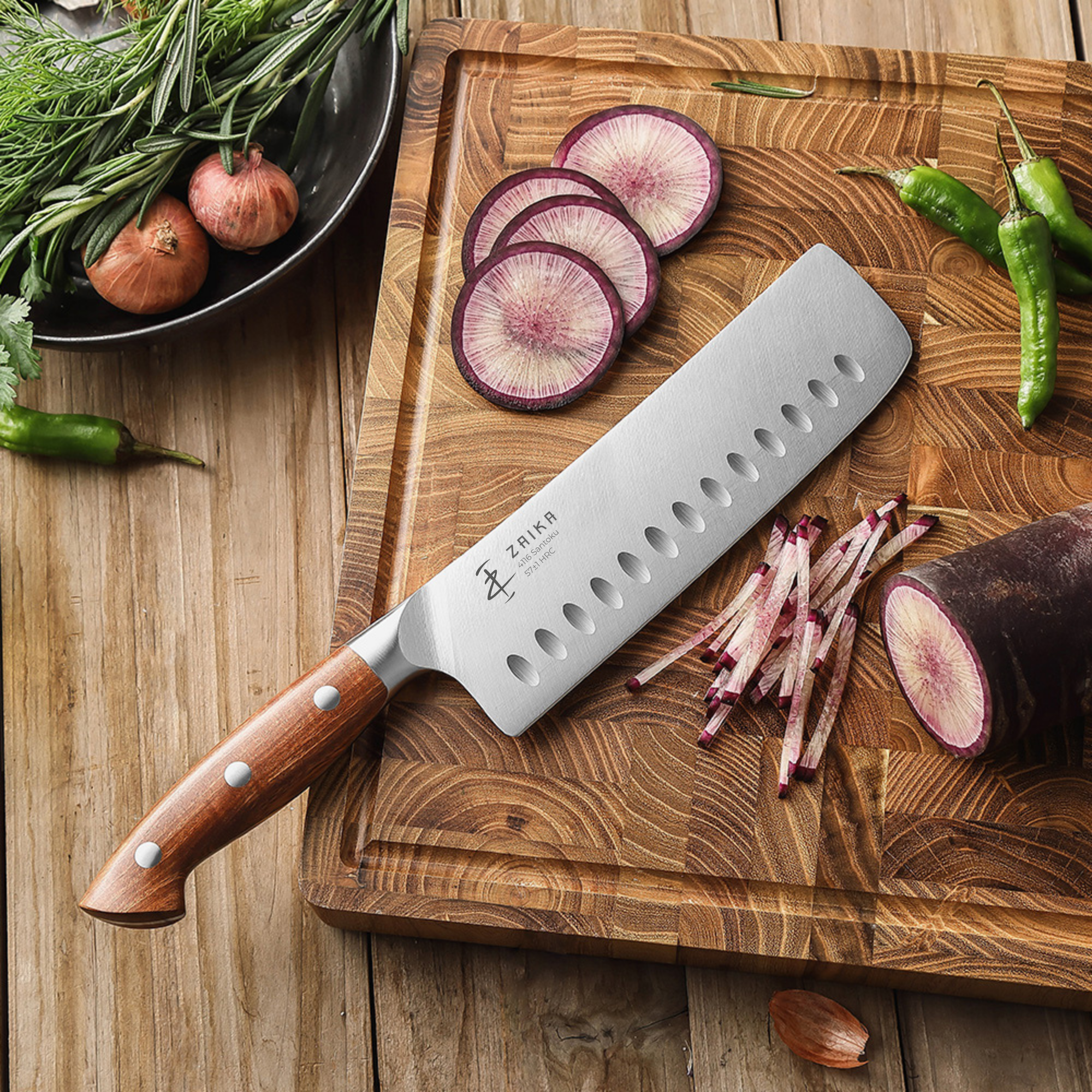 19 cm Oluklu Nakiri Şef Bıçağı- Sekoya Ağacı Sap