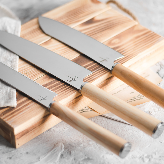 3'lü Set - Ahşap Saplı - Paslanmaz Çelik Şef Bıçakları