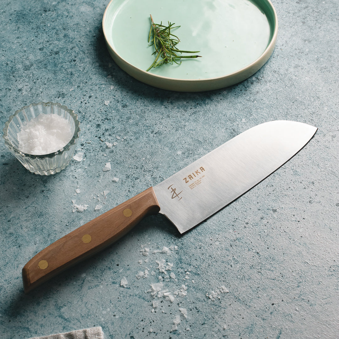 Doğal Ceviz Ahşap Sap, Pirinç Perçin Santoku Şef Bıçağı Paslanmaz Çelik